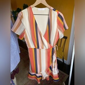 All In Favor Wrap Mini Dress Multi Color Stripe Size Large yellow navy blue